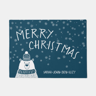 Cute Blue & White Bear Merry Christmas Snowflakes Doormat