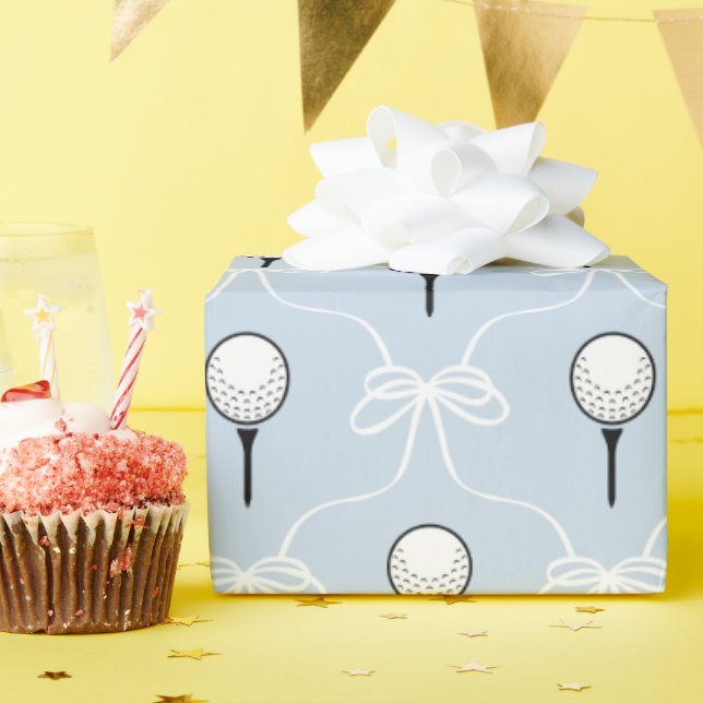 Cute Blue White Bow Golf Pattern Wrapping Paper (Birthday Party)