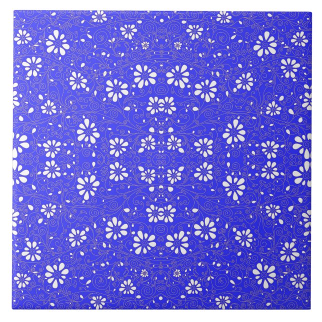 Cute blue white classic flowers pattern ceramic tile (Front)