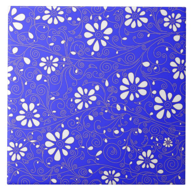Cute blue white classic flowers pattern ceramic tile (Front)