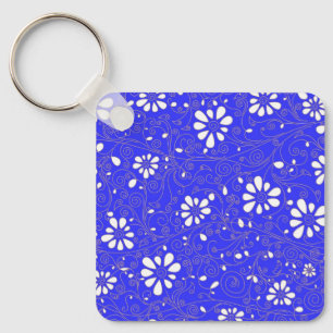 Cute blue white classic flowers pattern key ring