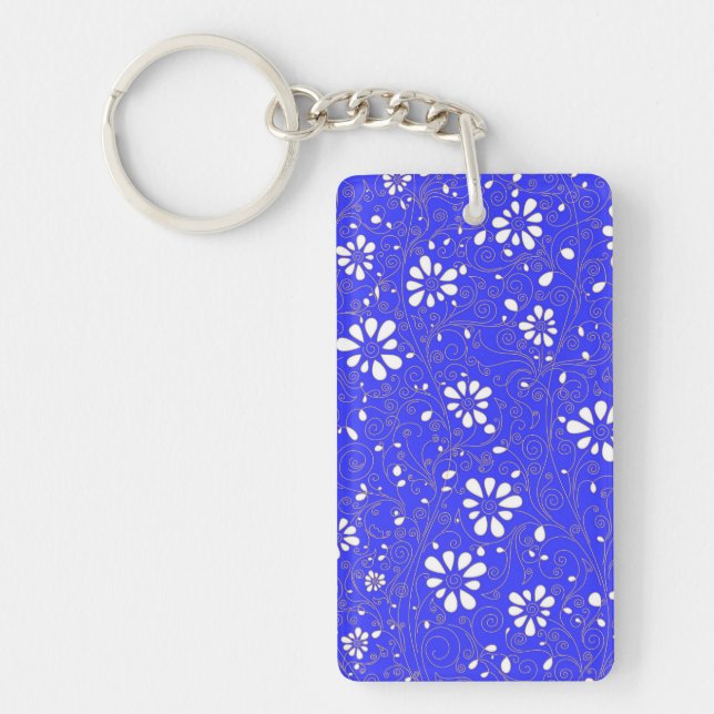 Cute blue white classic flowers pattern key ring (Front)