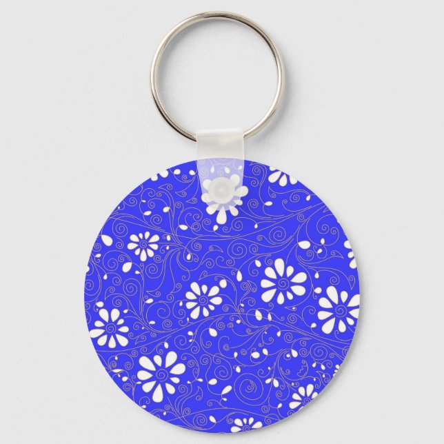 Cute blue white classic flowers pattern key ring (Front)