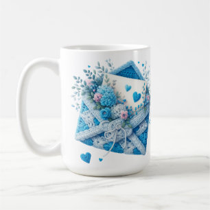 CUTE BLUE & WHITE CROCHET LOOK ENVELOPES COFFEE MUG