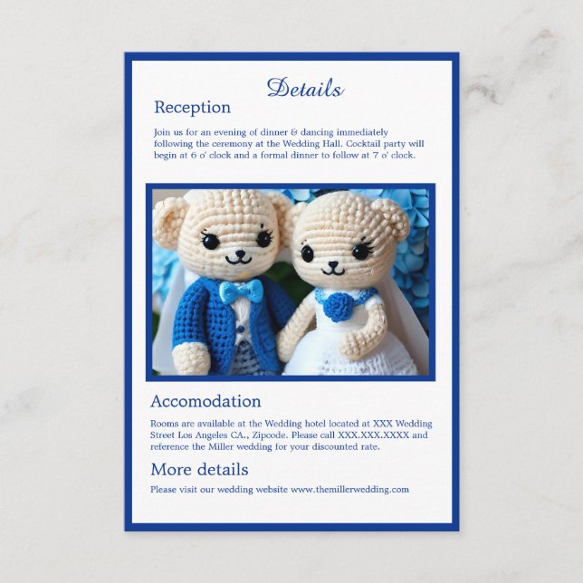 cute blue & white crochet wedding couple  enclosure card (Front)
