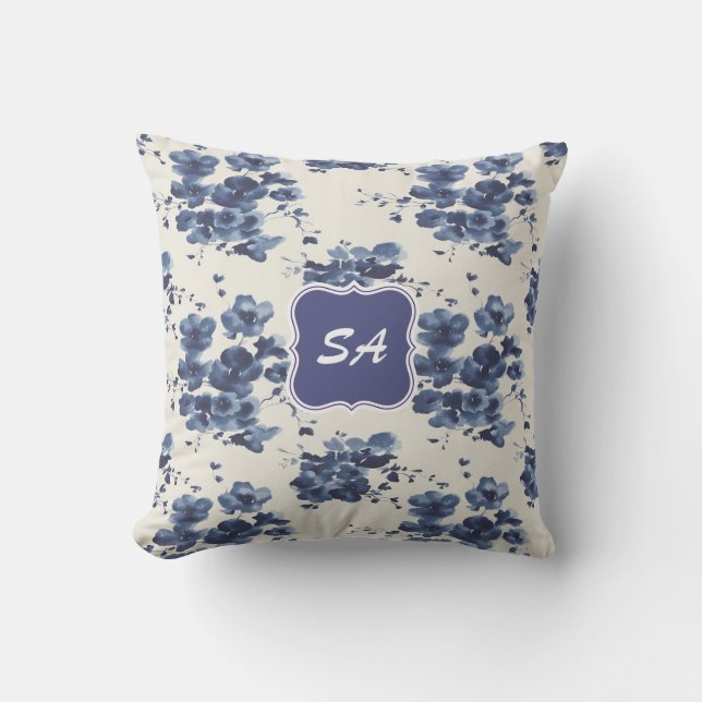 Cute Blue & White Floral Design Monogrammed Pillow (Front)