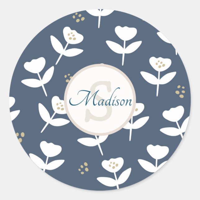 Cute Blue & White Floral Monogram Name Classic Round Sticker (Front)