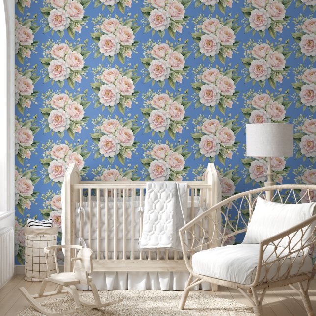 Cute Blue White Flower Pattern Kids Nursery Room Wallpaper (Kids)