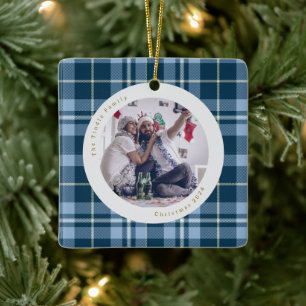 Cute Blue White Gingham Plaid Family Photo Ceramic Ornament