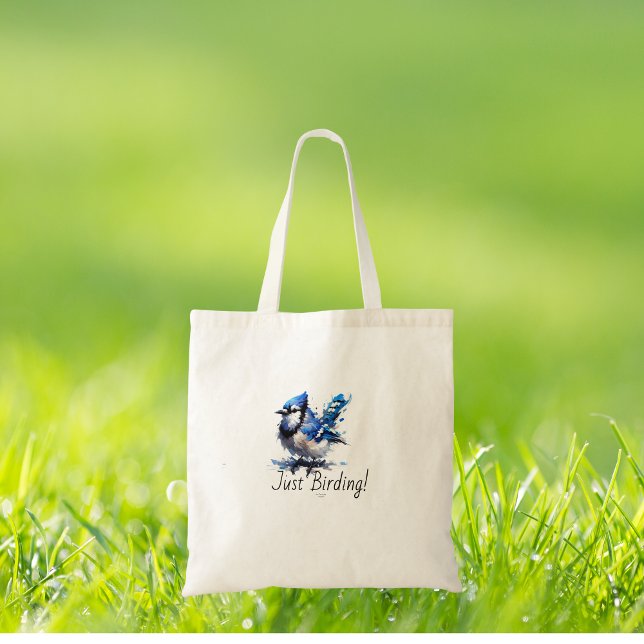 Cute BLUE/WHITE  Just Birding -Blue Jay Tote Bag (lovely and fun loving tote for bird watchers in their every day activities.)
