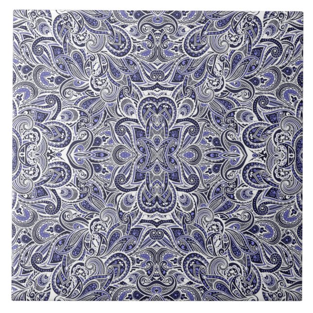Cute blue white paisley patterns design ceramic tile (Front)