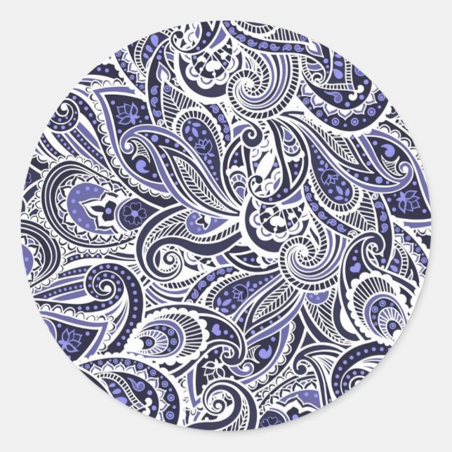 Cute blue white paisley patterns design classic round sticker (Front)