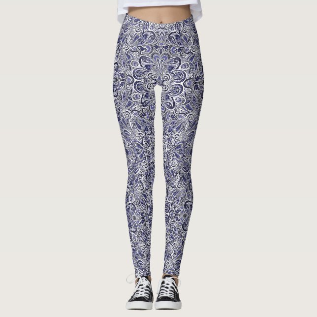 Cute blue white paisley patterns design leggings (Front)