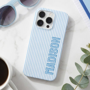 Cute Blue & White Pinstripe Personalized Name iPhone 16 Pro Case