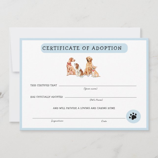 Cute Blue & White Puppy Adoption Certificate (Front)