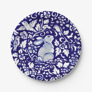Cute Blue White Rabbit Sitting Bunny Dedham Delft Paper Plate