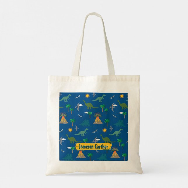Cute Blue Wildlife Dinosaur Pattern Personalised Tote Bag (Back)