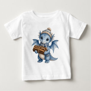 Cute Blue Winter Baby Dragon with Firewood Kids T-Shirt