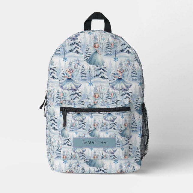 Cute Blue Winter fairy Customizable Name  Printed Backpack (Front)