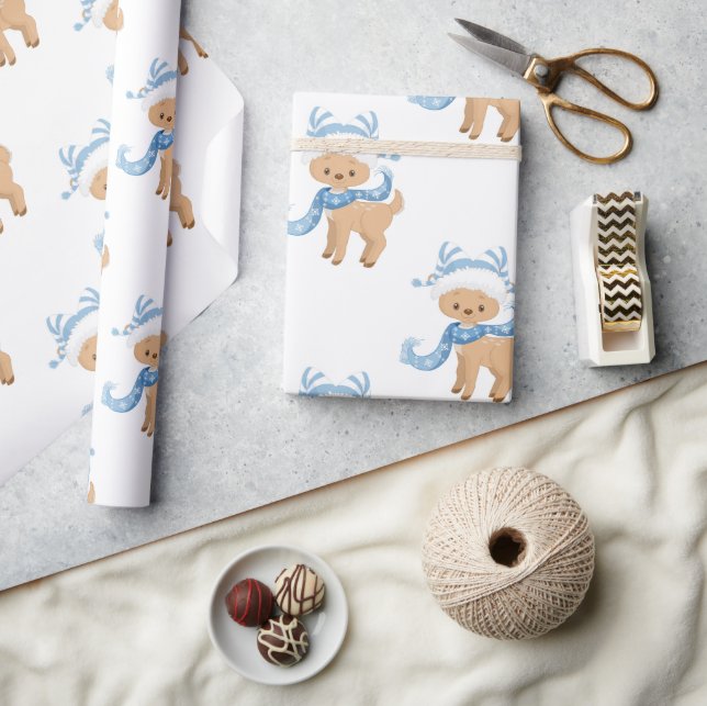 Cute Blue Winter Reindeer Kids Christmas Wrapping Paper (Crafts)