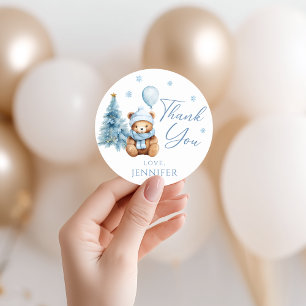 Cute Blue Winter Teddy Bear Baby Shower Thank You Classic Round Sticker