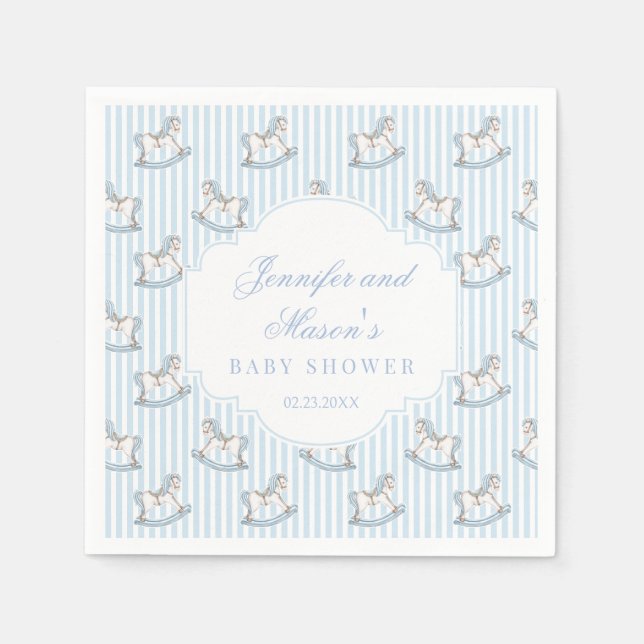 Cute blue wooden horse toy boho baby boy shower napkin (Front)