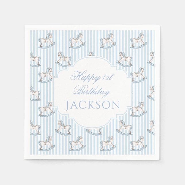 Cute blue wooden horse toy boho happy birthday boy napkin (Front)
