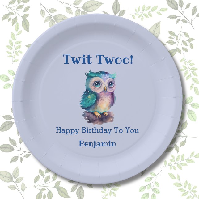  Cute Blue Woodland Animal Owl Birthday Paper Plate (Creator Uploaded)