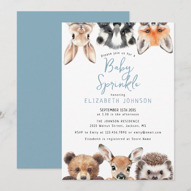 Cute Blue Woodland Animals Baby Shower Sprinkle Invitation (Front/Back)