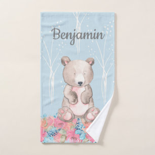 Cute Blue Woodland Bear Baby Nursery Hand Towel