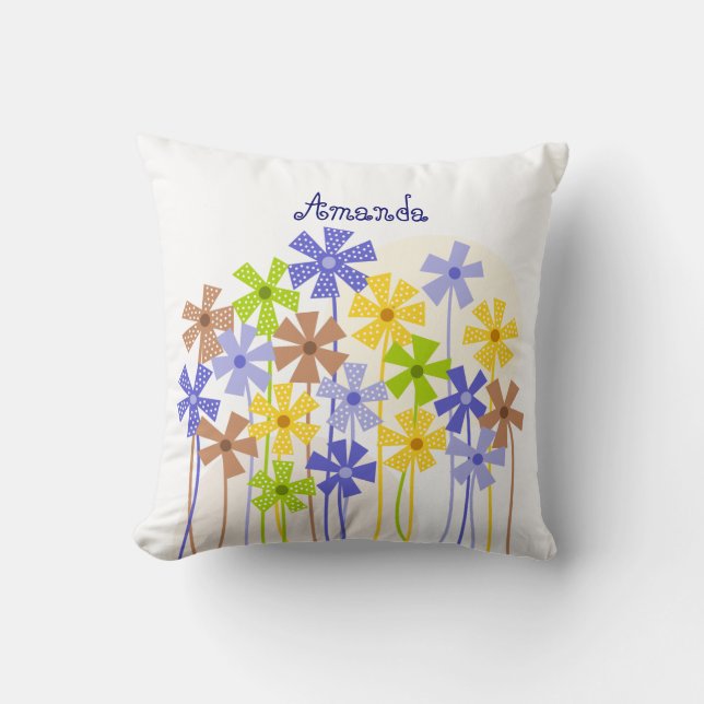 Cute blue yellow brown simple flower drawing name cushion (Front)
