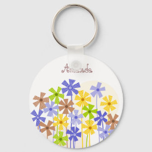 Cute blue yellow brown simple flower drawing name  key ring
