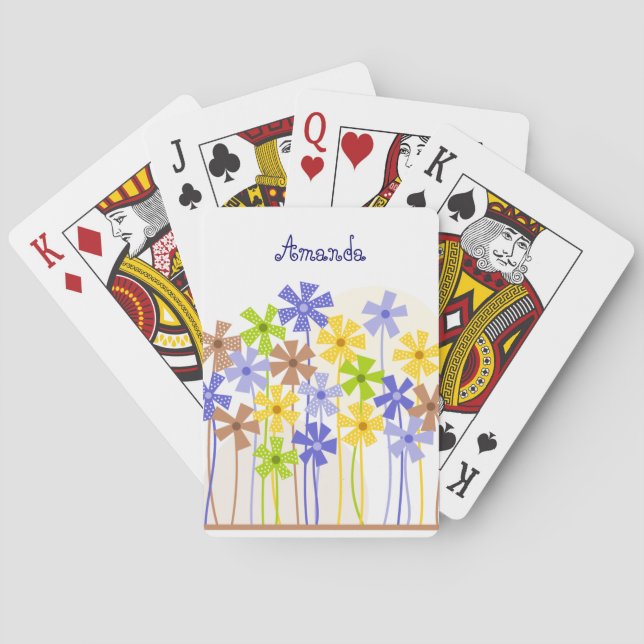 Cute blue yellow brown simple flower drawing name playing cards (Back)