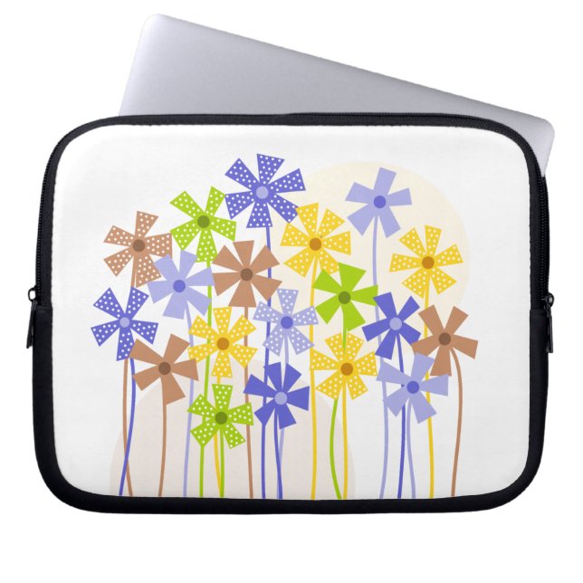 Cute blue yellow brown simple flowers drawing laptop sleeve (Front)