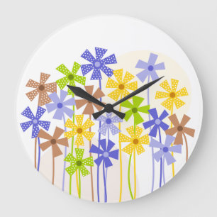 Cute blue yellow brown simple flowers drawing large clock