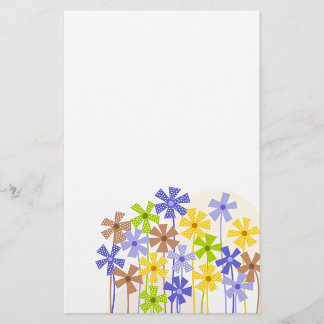 Cute blue yellow brown simple flowers drawing  stationery (Front)