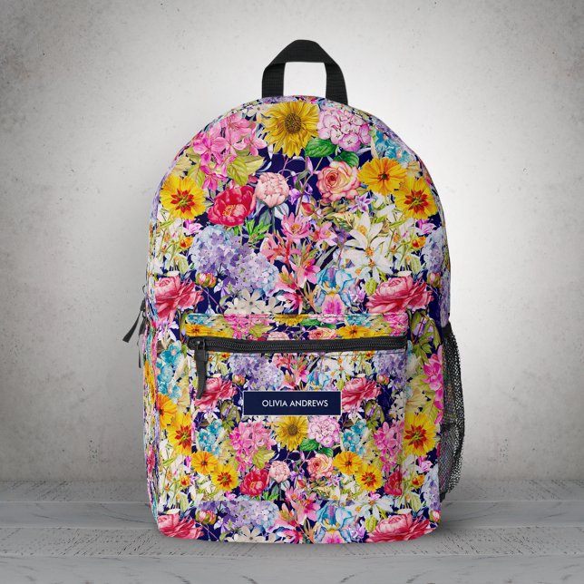 Cute blue yellow elegant Floral pattern monogram Printed Backpack (Creator Uploaded)