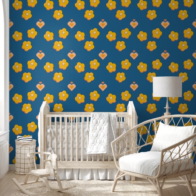 Cute Blue Yellow Flowers and Hearts Floral Home Wallpaper (Kids)