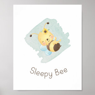 Cute Blue/Yellow Sleepy Bee Nursery Wall Art