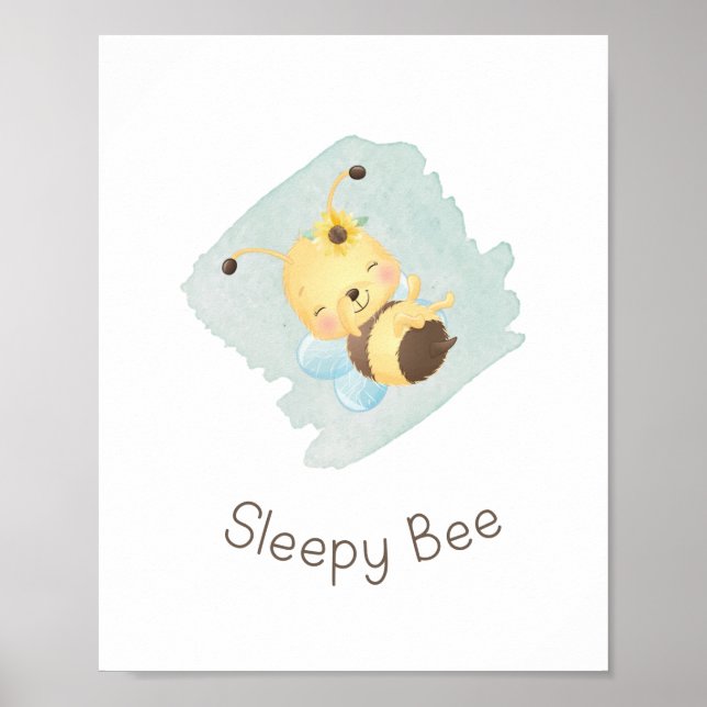 Cute Blue/Yellow Sleepy Bee Nursery Wall Art (Front)
