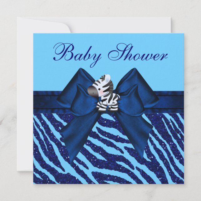 Cute Blue Zebra & Animal Print Glitter Baby Shower Invitation (Front)