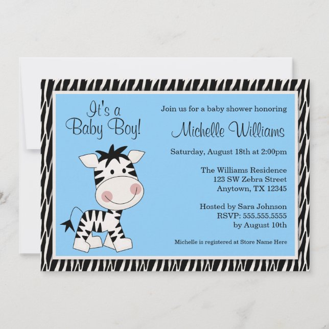 Cute Blue Zebra Boy Baby Shower Invitations (Front)