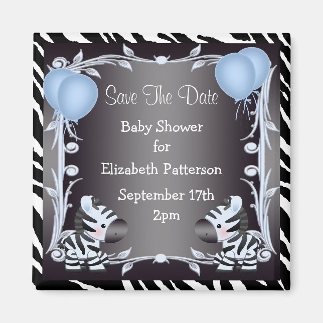 Cute Blue Zebras Save The Date Baby Shower Magnet (Front)