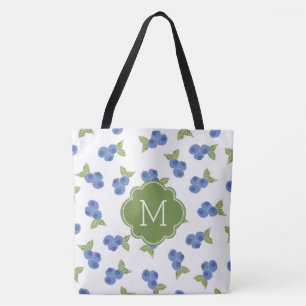 Cute Blueberries Pattern Monogram Tote Bag