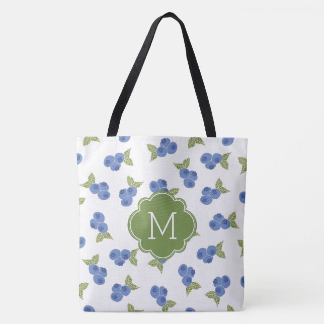 Cute Blueberries Pattern Monogram Tote Bag (Front)