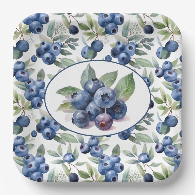 Cute Blueberries Watercolor Paper Plate (Front)