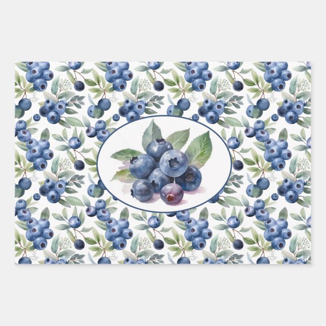 Cute Blueberries Watercolor Wrapping Paper Sheet (Front)