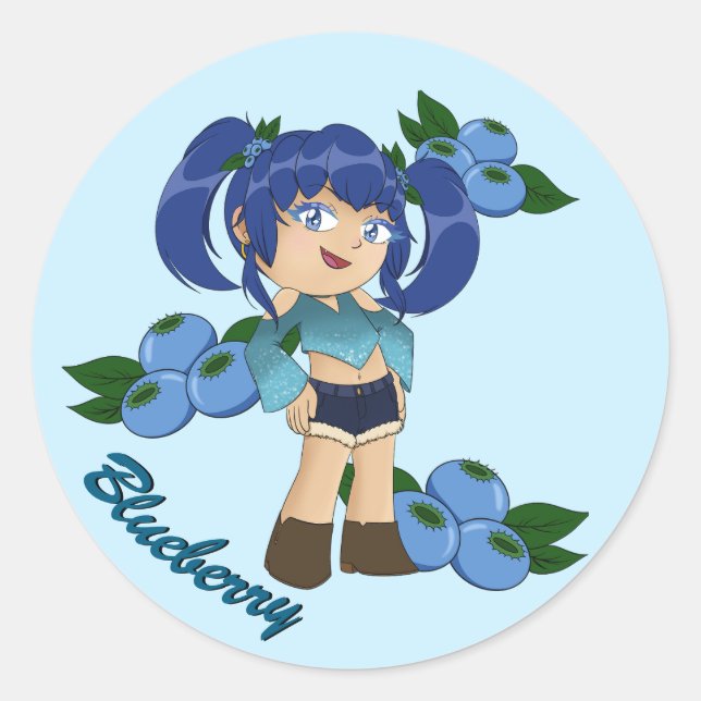  Cute Blueberry Theme Chibi with Blueberries Classic Round Sticker (Front)