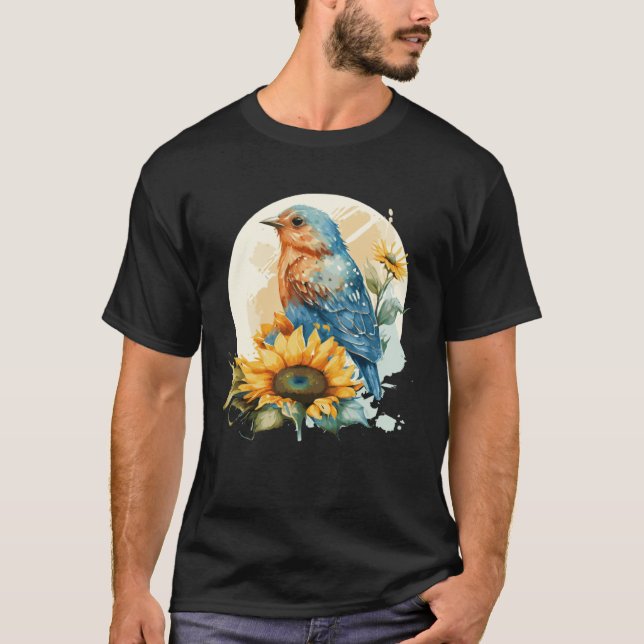 Cute Bluebird Sunflower Birding Bird T-Shirt (Front)