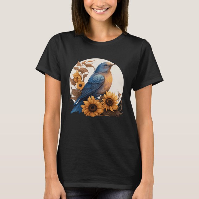 Cute Bluebird Sunflower Floral Watercolor Bluebird T-Shirt (Front)